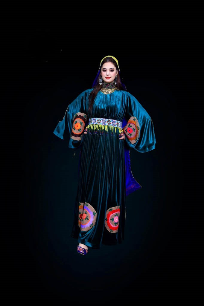 Emerald Heritage – Handmade Afghan Velvet Dress with Pukhta Dozi & Mureh Belt