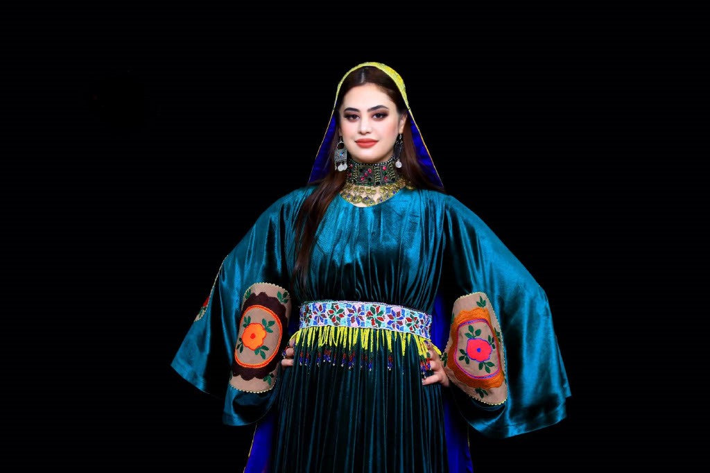 Emerald Heritage – Handmade Afghan Velvet Dress with Pukhta Dozi & Mureh Belt