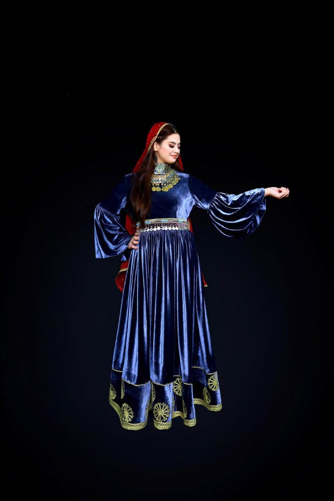 Navy Velvet Afghan Dress with Charmé Embroidery, Coin & Mureh Handwork