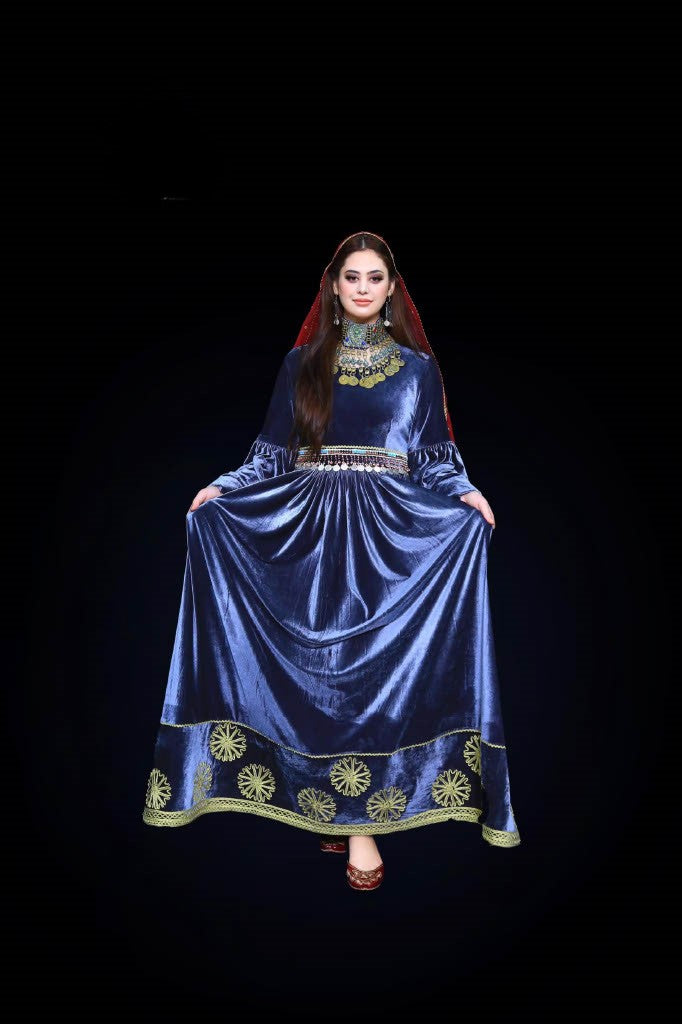 Navy Velvet Afghan Dress with Charmé Embroidery, Coin & Mureh Handwork