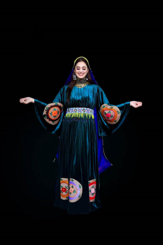 Emerald Heritage – Handmade Afghan Velvet Dress with Pukhta Dozi & Mureh Belt
