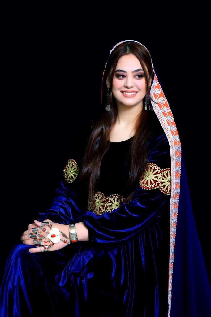 Navy Velvet Afghan Dress with Charmé Embroidery & Matching Scarf