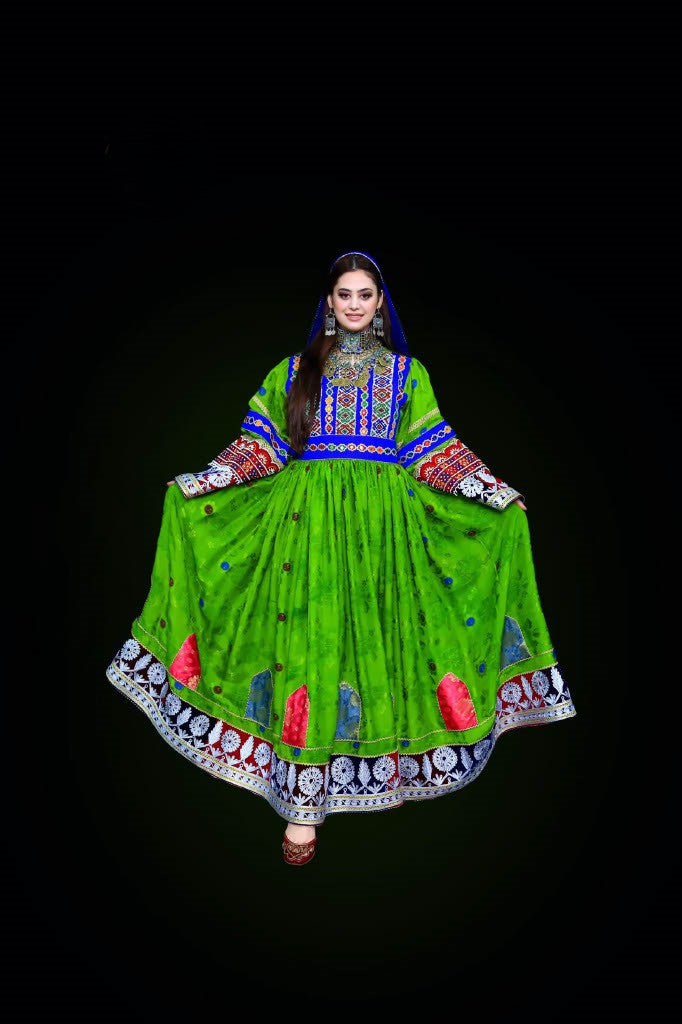 Pistachio Green Afghan Velvet Dress with Mirror Work & Mureh Embroidery