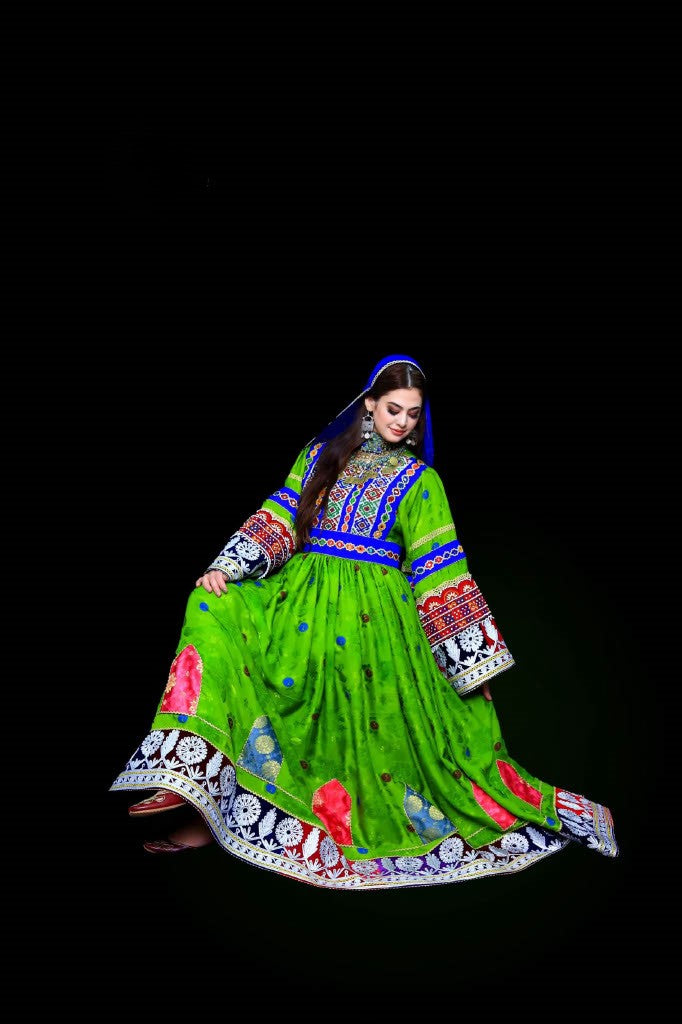 Pistachio Green Afghan Velvet Dress with Mirror Work & Mureh Embroidery