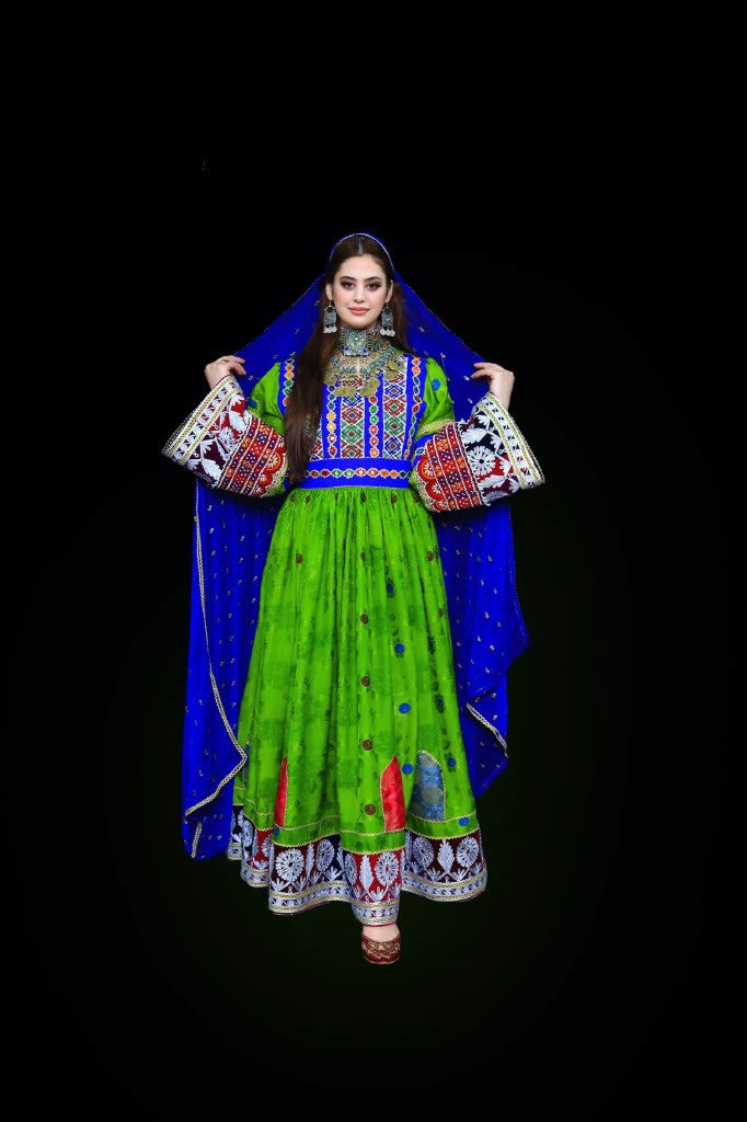 Pistachio Green Afghan Velvet Dress with Mirror Work & Mureh Embroidery