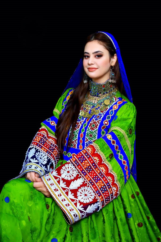 Pistachio Green Afghan Velvet Dress with Mirror Work & Mureh Embroidery