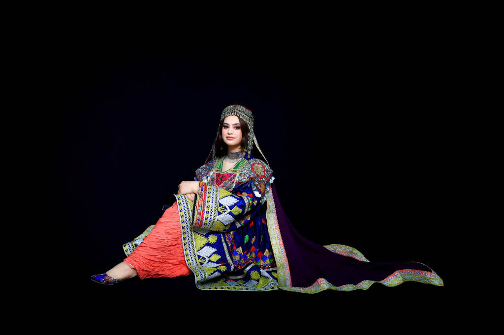 Handmade Lapis Blue Afghan Charmé Dress Set (3-Piece: Dress, Trousers & Scarf)