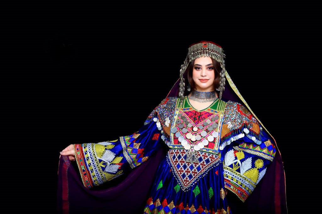 Handmade Lapis Blue Afghan Charmé Dress Set (3-Piece: Dress, Trousers & Scarf)