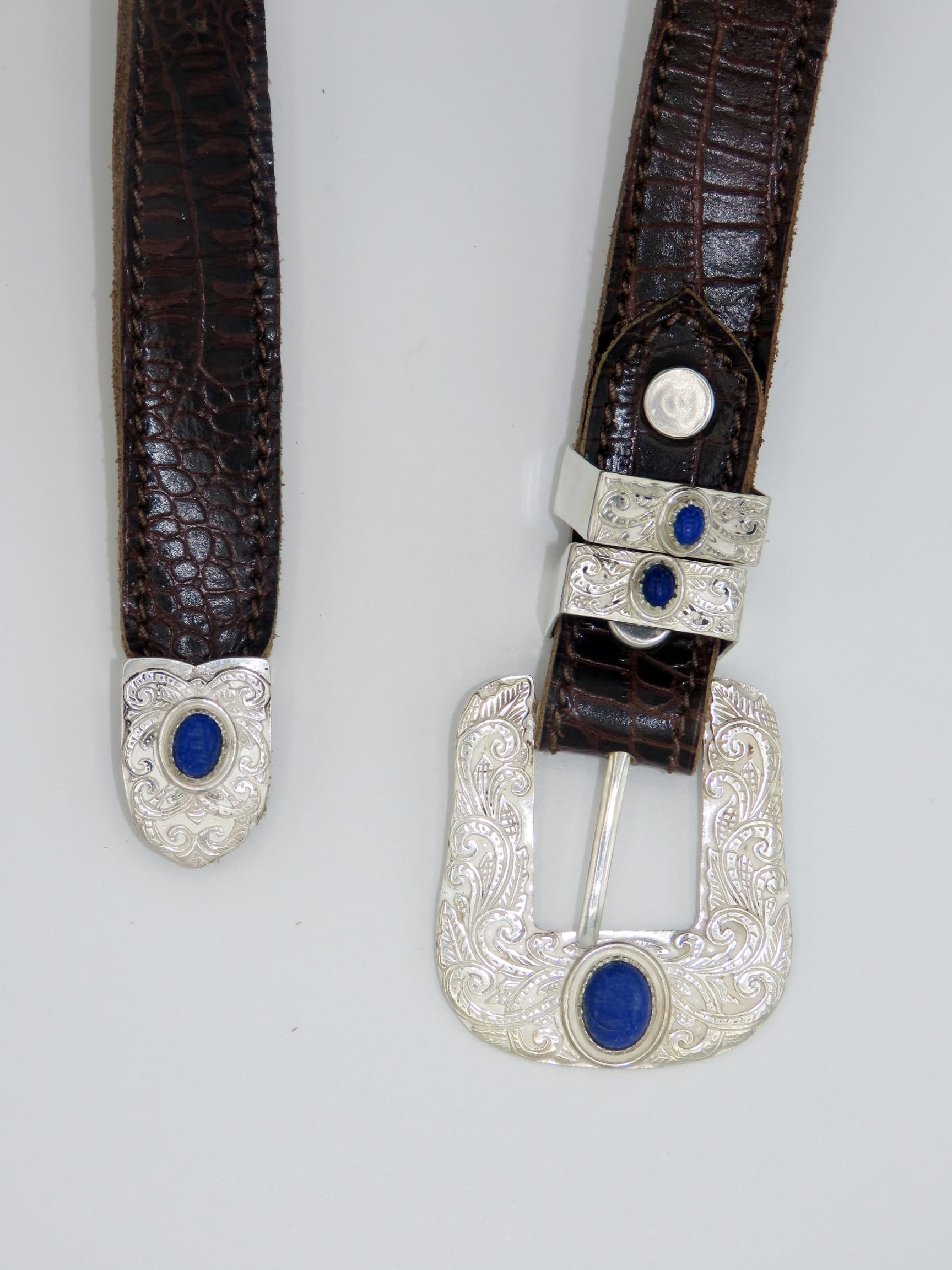 AA-B-7 handmade Afghan belt with 925 silver string buckle and Lapis Lazuli and 100% natural leather 
