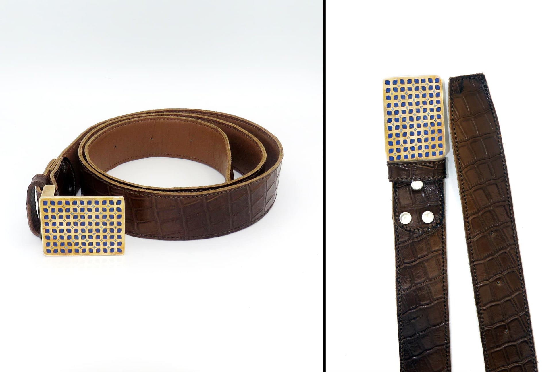 Handmade Afghan leather belt with polished brass buckle and Lapis Lazuli inlay