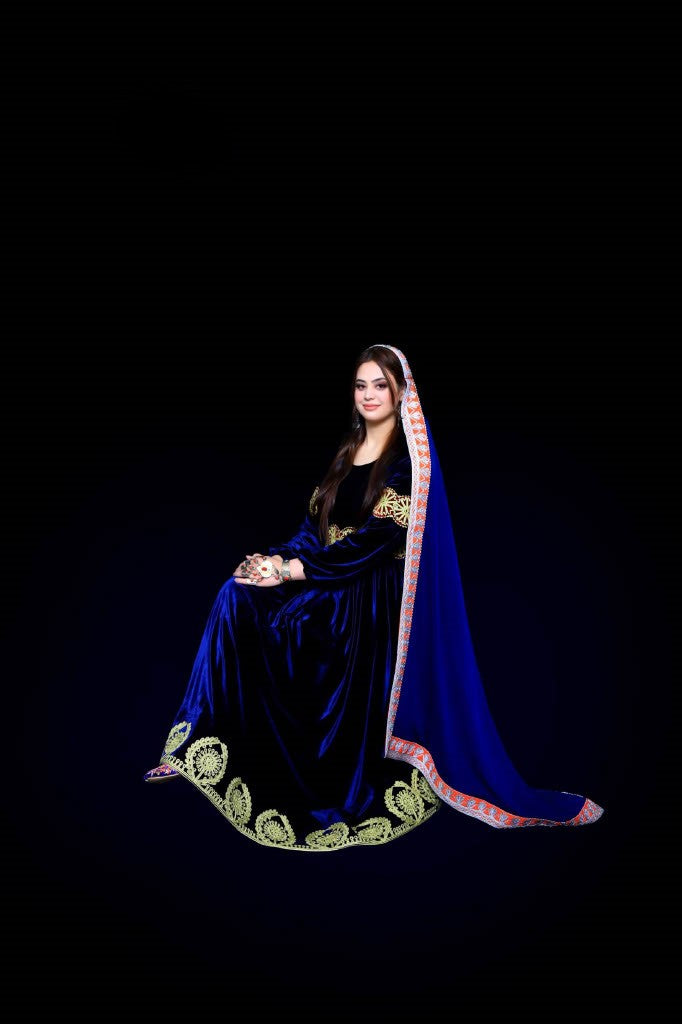 Navy Velvet Afghan Dress with Charmé Embroidery & Matching Scarf