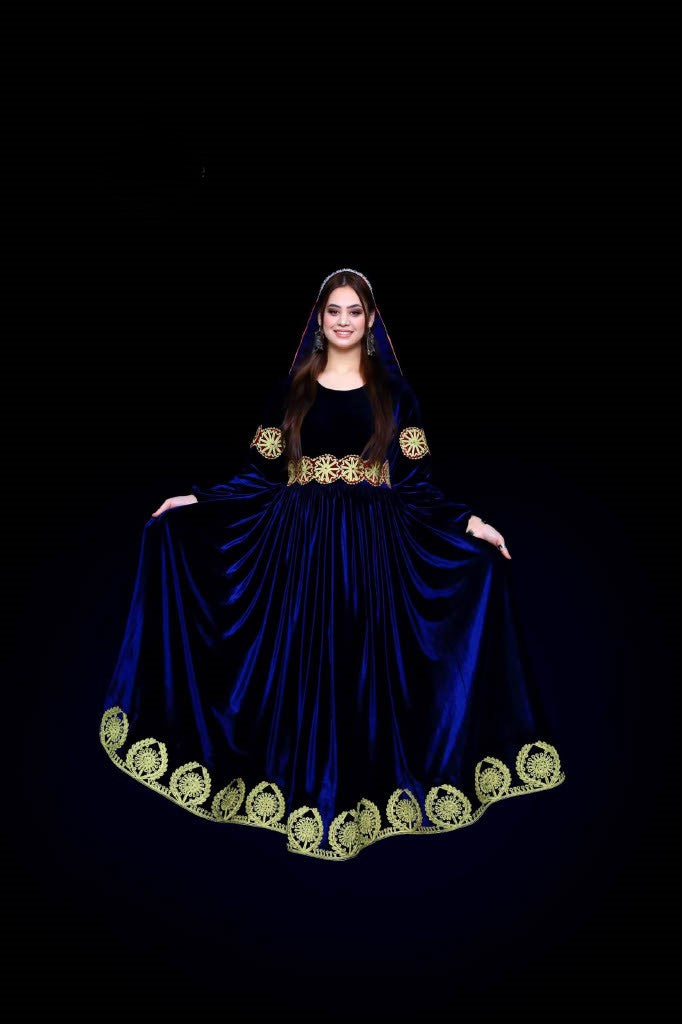 Navy Velvet Afghan Dress with Charmé Embroidery & Matching Scarf