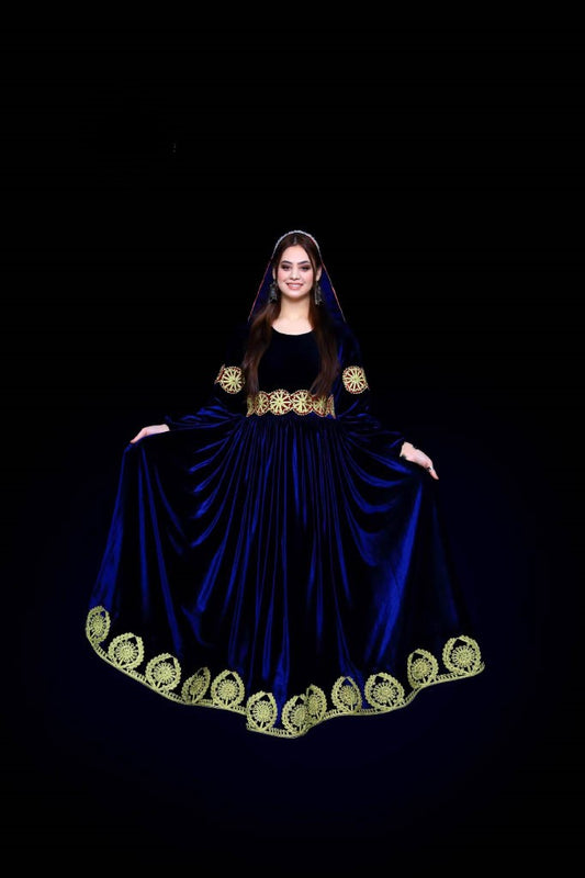 Navy Velvet Afghan Dress with Charmé Embroidery & Matching Scarf