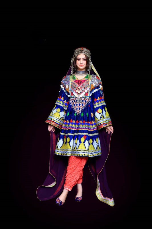 Handmade Lapis Blue Afghan Charmé Dress Set (3-Piece: Dress, Trousers & Scarf)