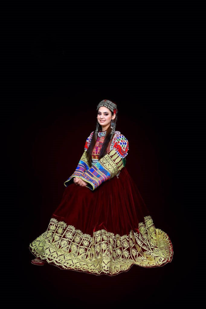 Luxury Red Afghan Silk-Velvet Dress with Charmé Embroidery & Graph Neckline