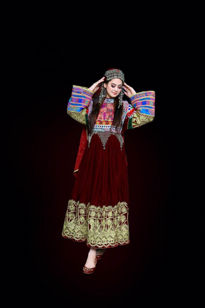 Luxury Red Afghan Silk-Velvet Dress with Charmé Embroidery & Graph Neckline