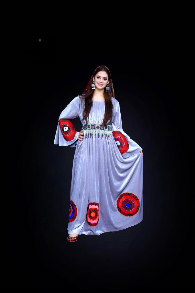 Handmade Lavender Afghan Velvet Dress with Embroidery & Mureh Belt