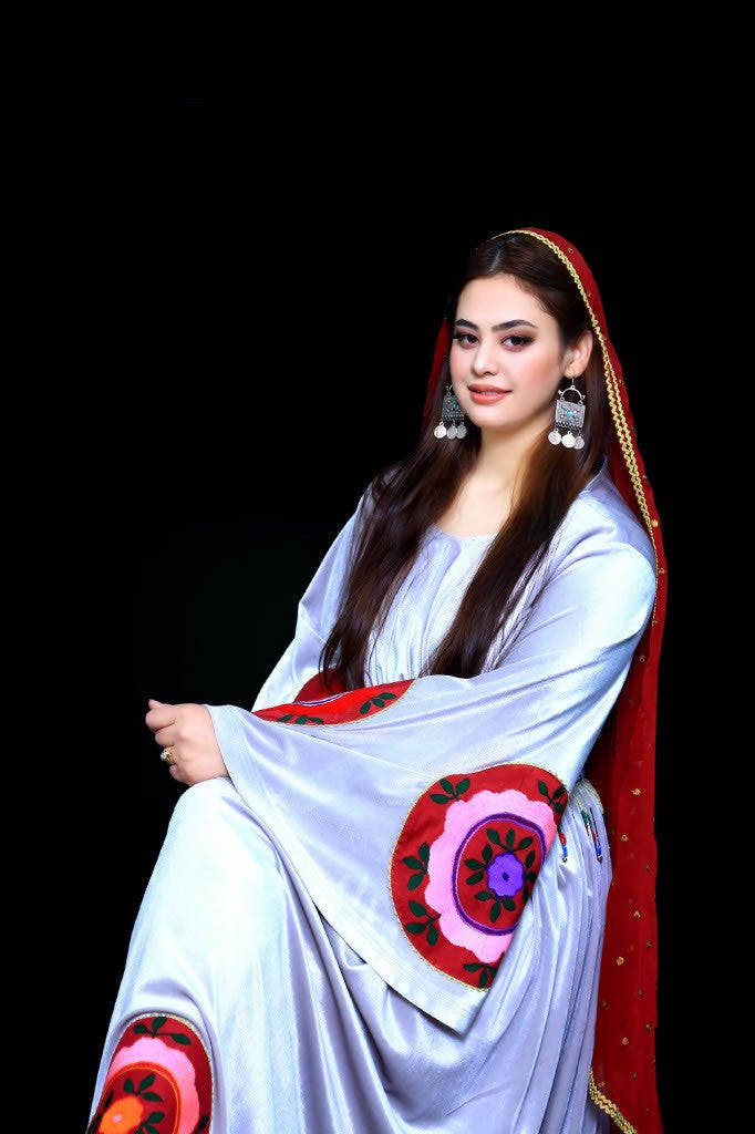 Handmade Lavender Afghan Velvet Dress with Embroidery & Mureh Belt