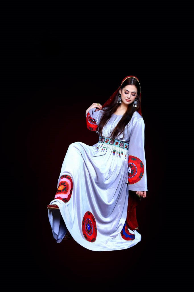 Handmade Lavender Afghan Velvet Dress with Embroidery & Mureh Belt