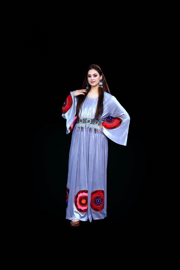 Handmade Lavender Afghan Velvet Dress with Embroidery & Mureh Belt