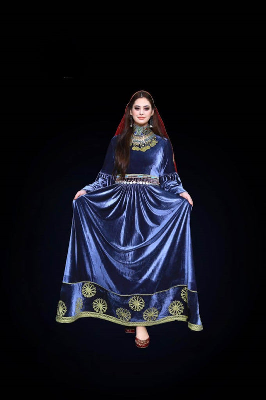 Navy Velvet Afghan Dress with Charmé Embroidery, Coin & Mureh Handwork