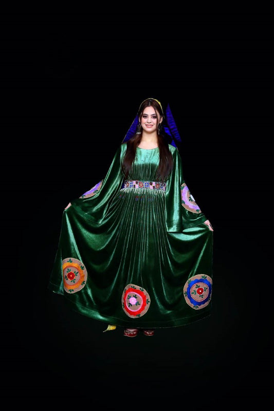 Handmade Green Velvet Afghan Dress with Embroidery & Mureh Belt