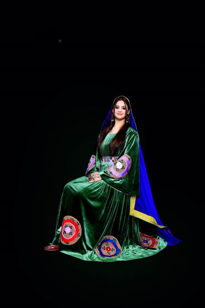 Handmade Green Velvet Afghan Dress with Embroidery & Mureh Belt