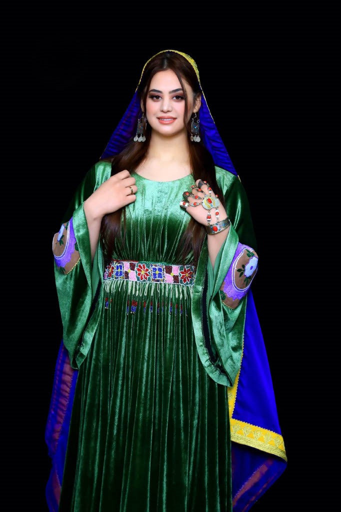 Handmade Green Velvet Afghan Dress with Embroidery & Mureh Belt